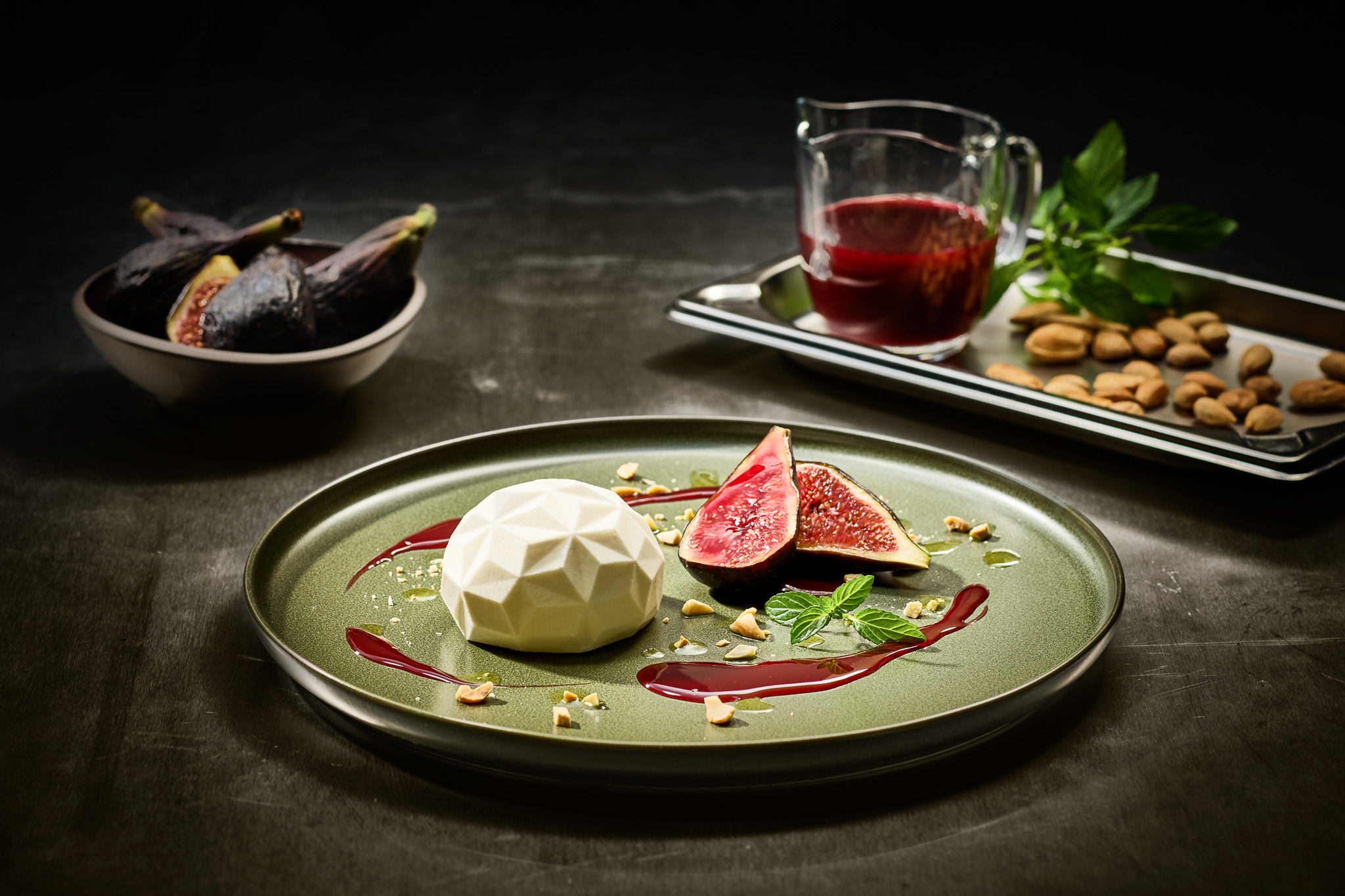 Sour Cream Mousseline with Port Wine Figs and Mint Oil