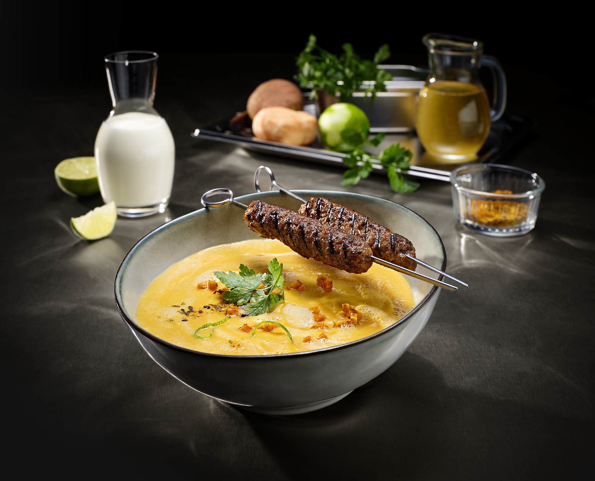 Sweet Potato Soup with Lamb Skewers